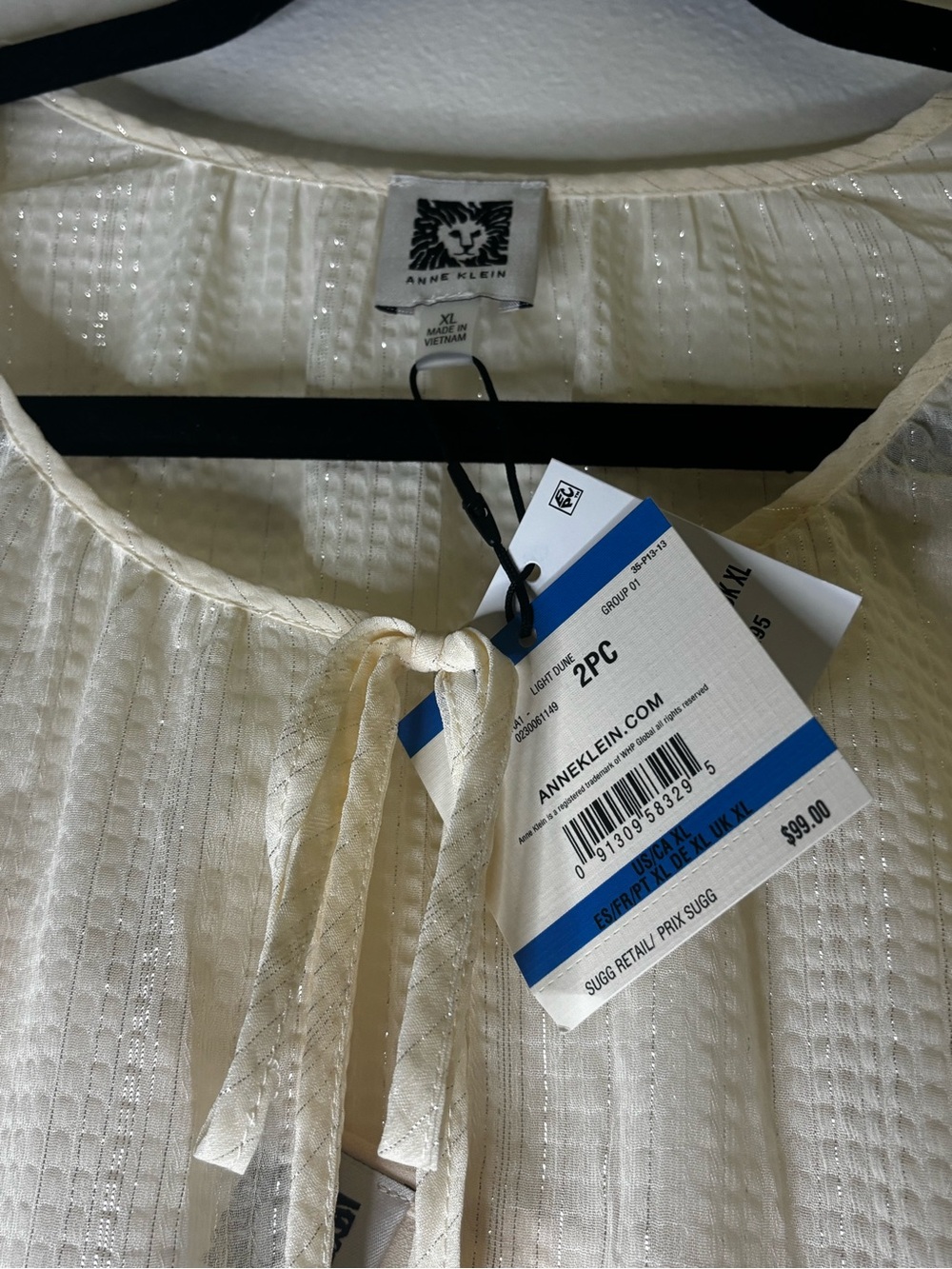 XL NWT Anne Klein 2-Piece Sheer Tie-Neck Blouse metallic pinstriped Ivory